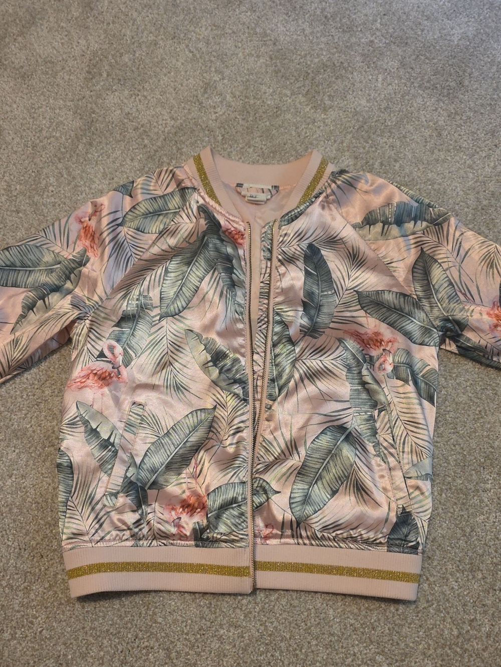 H&M Pink Satin Tropical Leaf & Flamingo Bomber Jacket
